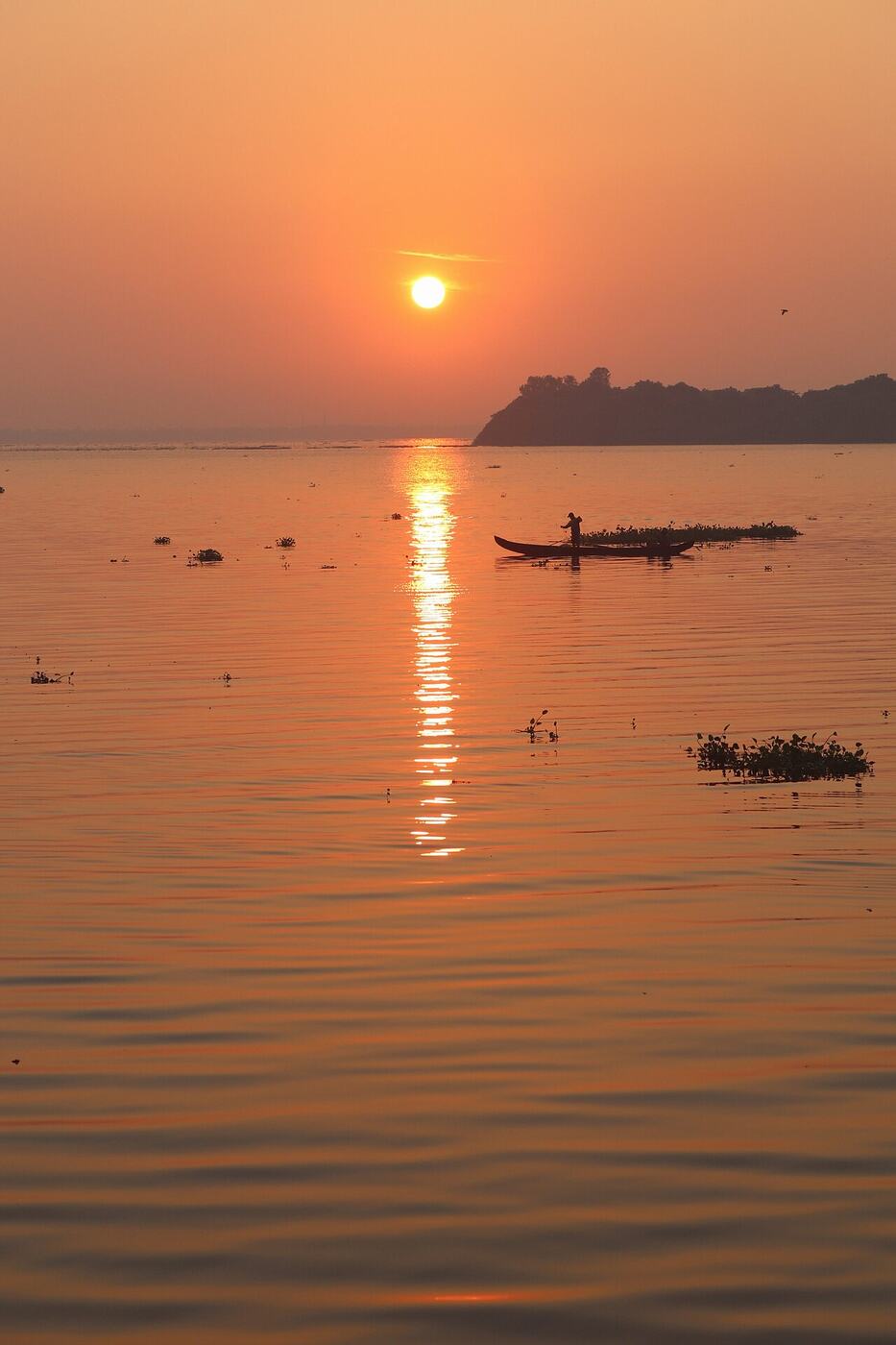 Sunrise over Vembanad Lake with a country boat on the water